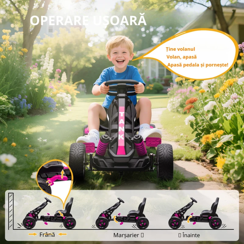AIYAPLAY Kart cu pedale pentru copii, karting copii 3-6 ani cu ambreiaj automat, frână, roți EVA antiderapante, roz
