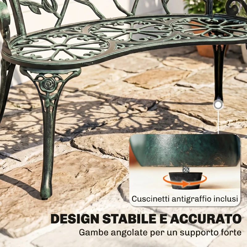 Outsunny Panca da Giardino 2 Posti in Ghisa e Alluminio, Stile Rétro con Decorazioni Floreali, Resiste alle Intemperie