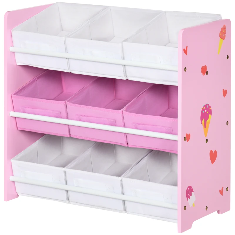 ZONEKIZ Mobiletto Portagiochi con 9 Cestini Rimovibili in Legno e Tessuto, 63x30x60 cm, Rosa e Bianco