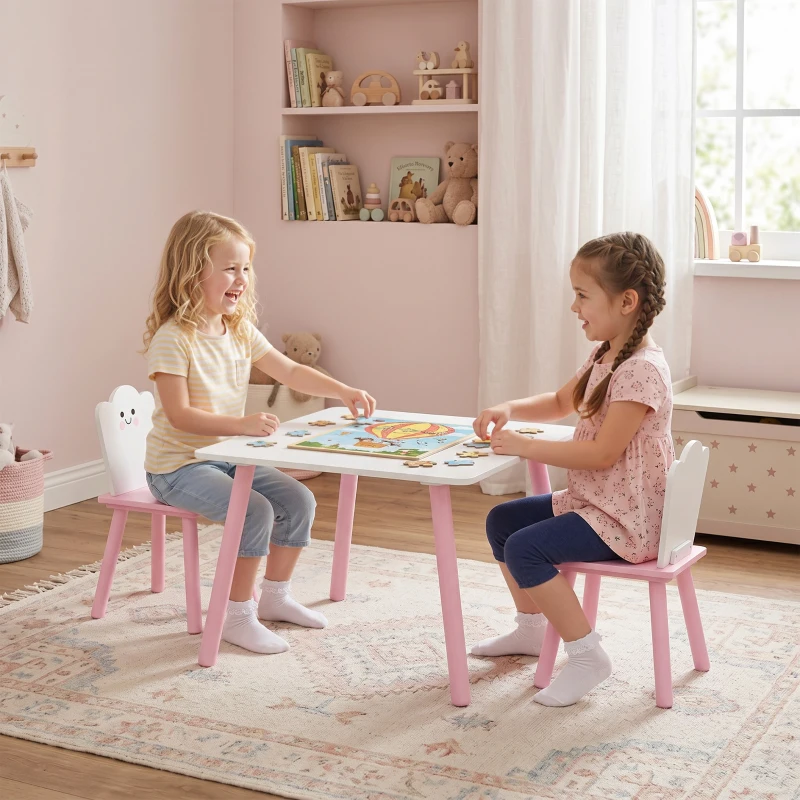 AIYAPLAY Table enfant avec chaise, ensemble table et 2 chaises en bois pour dessiner, jouer, étudier, rose
