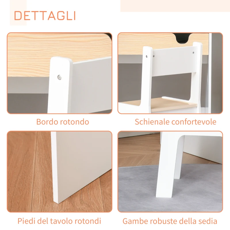 HOMCOM Set Scrivania e Sedia per Bambini con Cassetto e Scaffale, Bordi Arrotondati, Età 6-10 Anni, Bianco e Legno