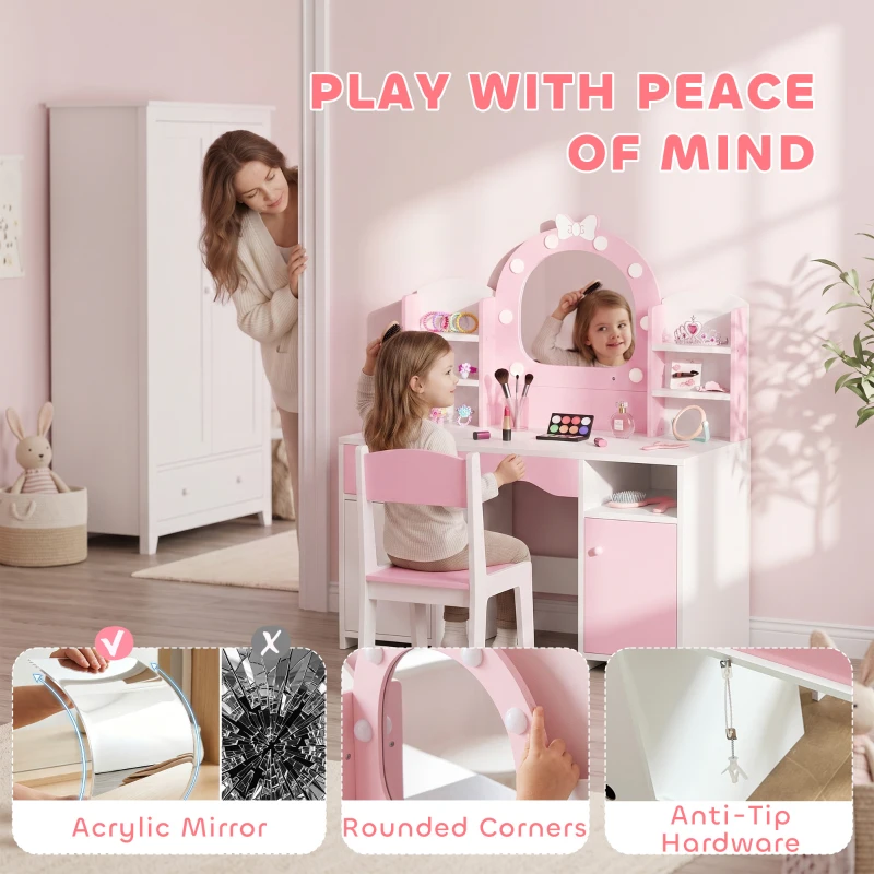 AIYAPLAY Kids Vanity Set, Girls Dressing Table with Stool, 2-Colour Lights Mirror, Cabinet, Drawer and Shelves, Pink