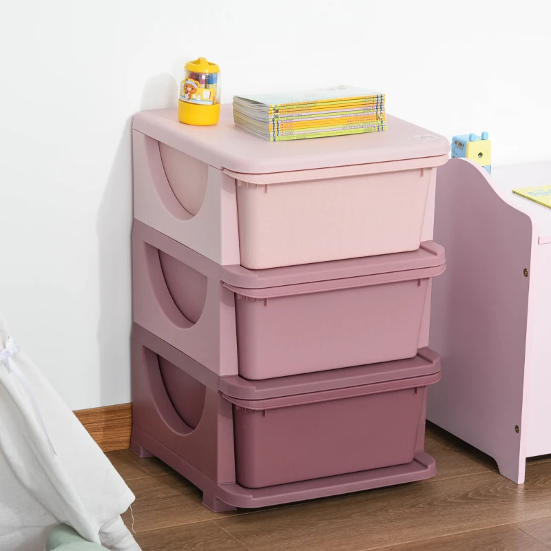 HOMCOM Organisateur de jouets pour enfants avec tiroirs à 3 niveaux, boîtes de rangement en plastique, 37 x 37 x 56,5 cm, rose