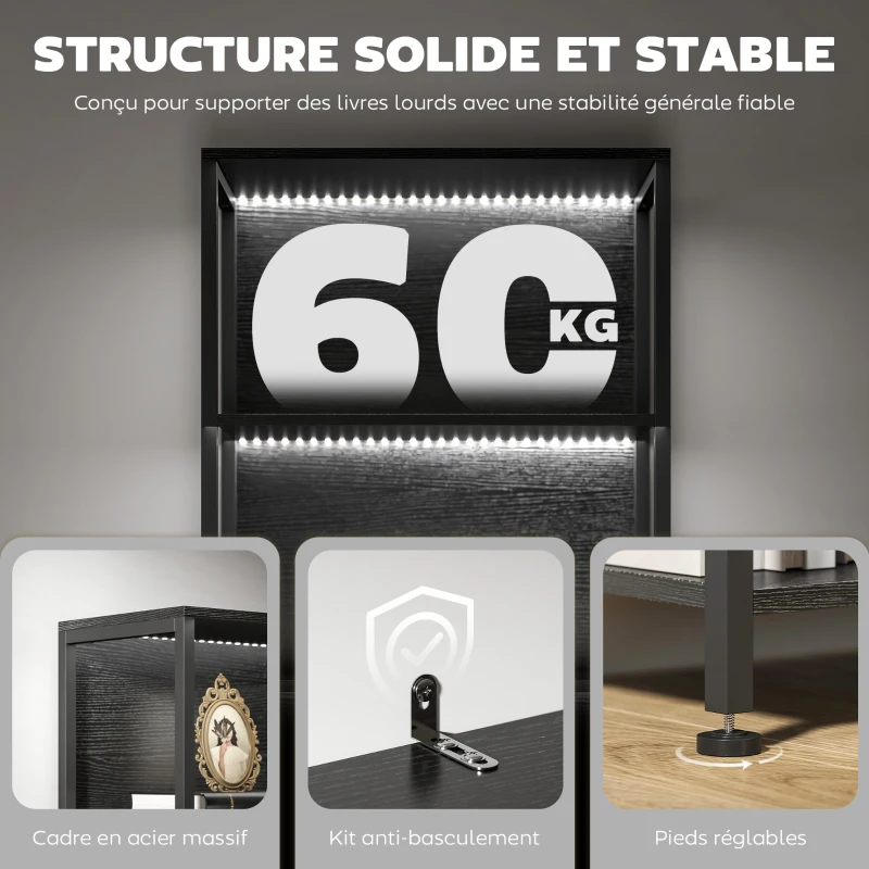 HOMCOM Bibliothèque étagère de rangement à 5 niveaux avec éclairage LED 7 couleurs, structure en acier, 60 x 30 x 179 cm, noir