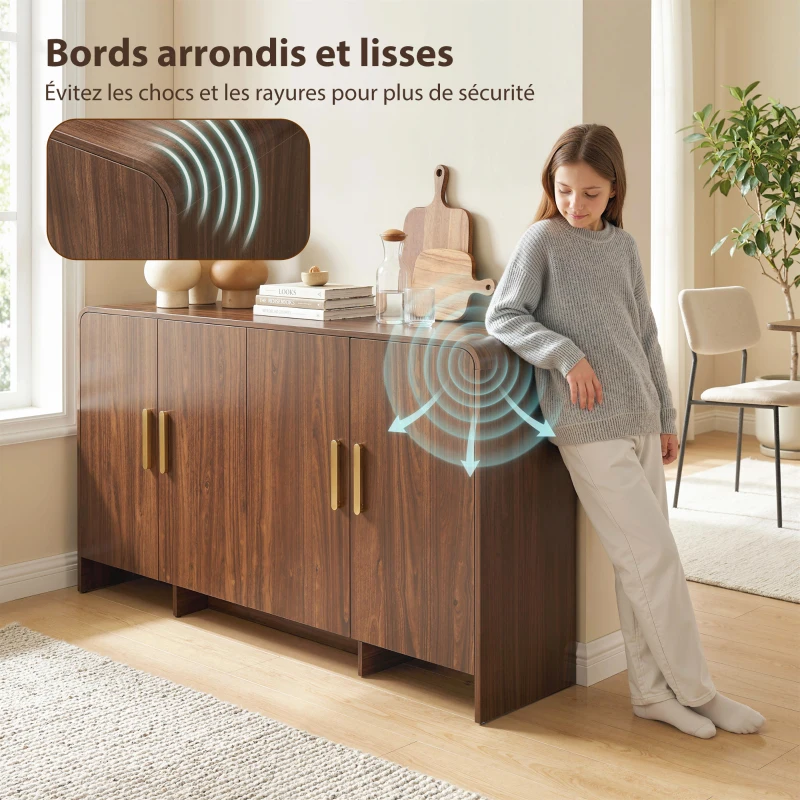 HOMCOM Buffet cuisine, meuble de rangement avec 4 portes à fermeture douce, 4 compartiments et bords arrondis, 152x40x80cm, noyer