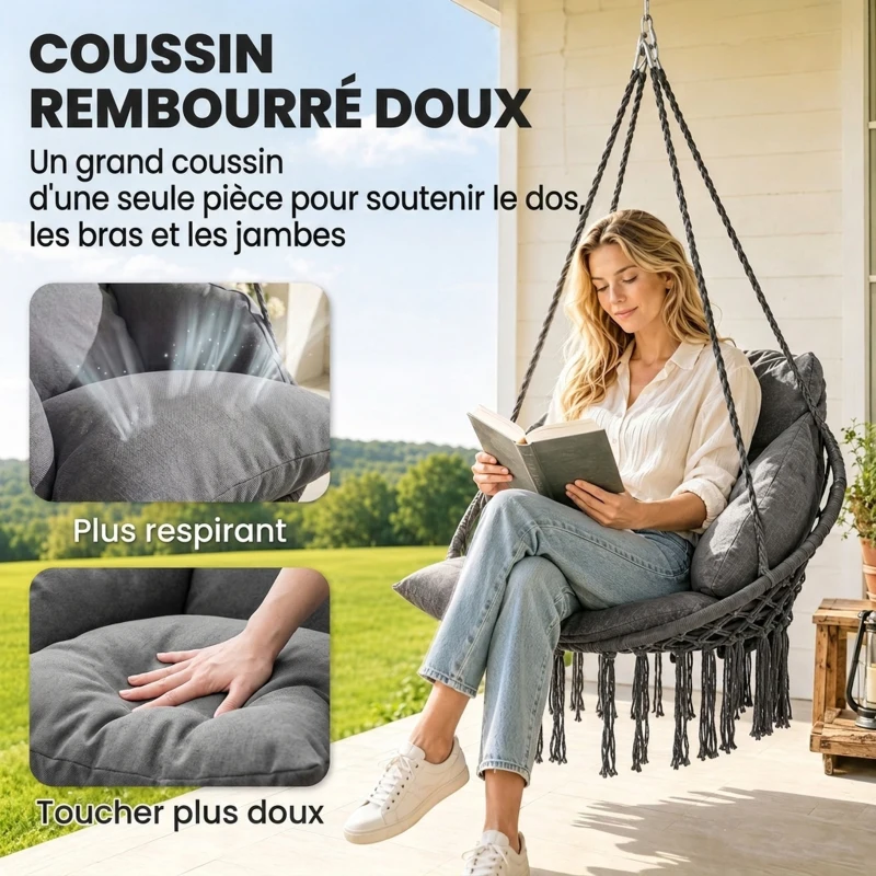 Outsunny Chaise suspendue avec grand coussin rembourré hamac fauteuil suspendu à franges kit de suspension 80 x 60 x 40 cm gris foncé