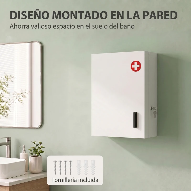 HOMCOM Botiquín de Pared con 6 Compartimentos Cerradura y 2 Llaves para Baño Cocina 40x18x60 cm Blanco