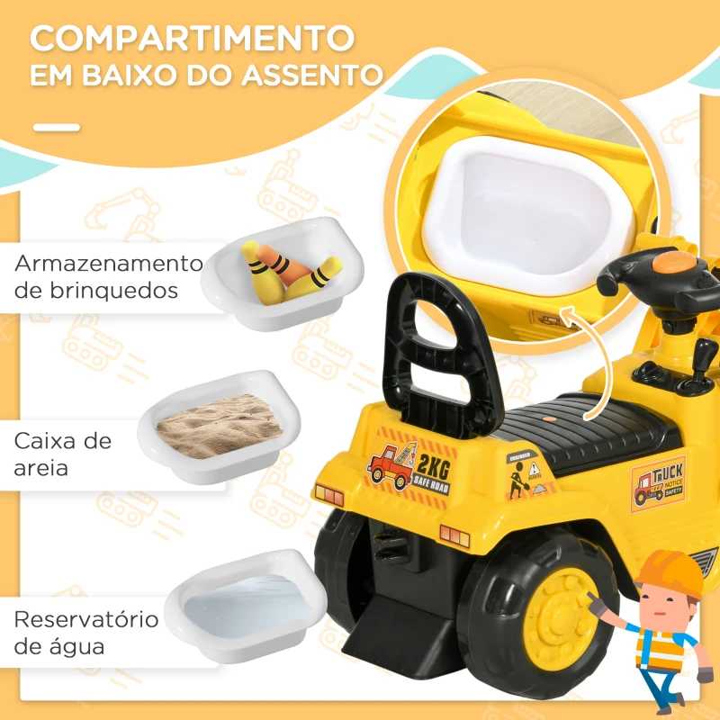 HOMCOM Carro Andador para Crianças Escavadora para Crianças com Pá Dianteira Buzina Volante e Compartimento Oculto 80x26,5x39 cm Amarelo