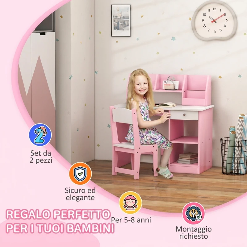 ZONEKIZ Tavolo Scrivania per Bambini 5-8 Anni con Sedia, Scaffale, Mensola Estraibile e Cassetto, Rosa