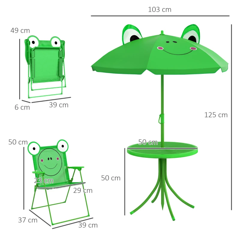 Outsunny Ensemble Salon de Jardin Enfant 4 pcs Design Grenouille - Table Ronde + 2 chaises Pliables + Parasol - métal époxy Oxford Vert