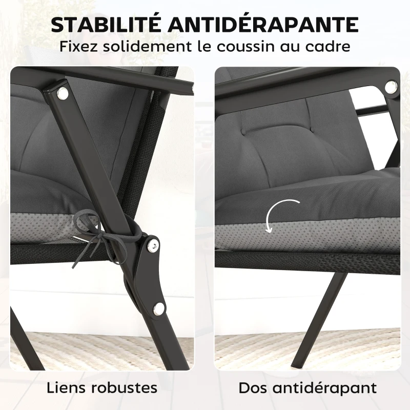 Outsunny Lot de 4 coussins pour chaises de terrasse, résistants à l'eau, antidérapants, avec liens, 112x53cm, Gris Foncé