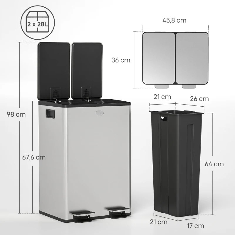 HOMCOM 2 x 28 L Doppelmülleimer, Pedalöffnung, leicht zu reinigen, Edelstahl, Kunststoff, Silber