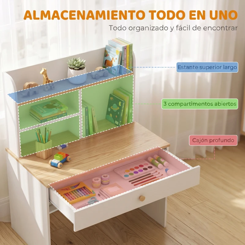 AIYAPLAY Escritorio Infantil con Estante 3 Compartimentos Abiertos y Cajón para Estudio Entrada 3-8 Años 80x50x100 cm Blanco