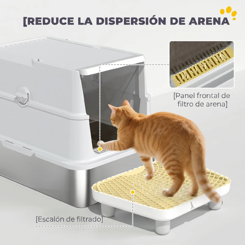 PawHut Arenero para Gatos de Acero Inoxidable XL Cerrado con Tapa Abatible Borde Alto Pala Metálica Antifugas Gris Claro