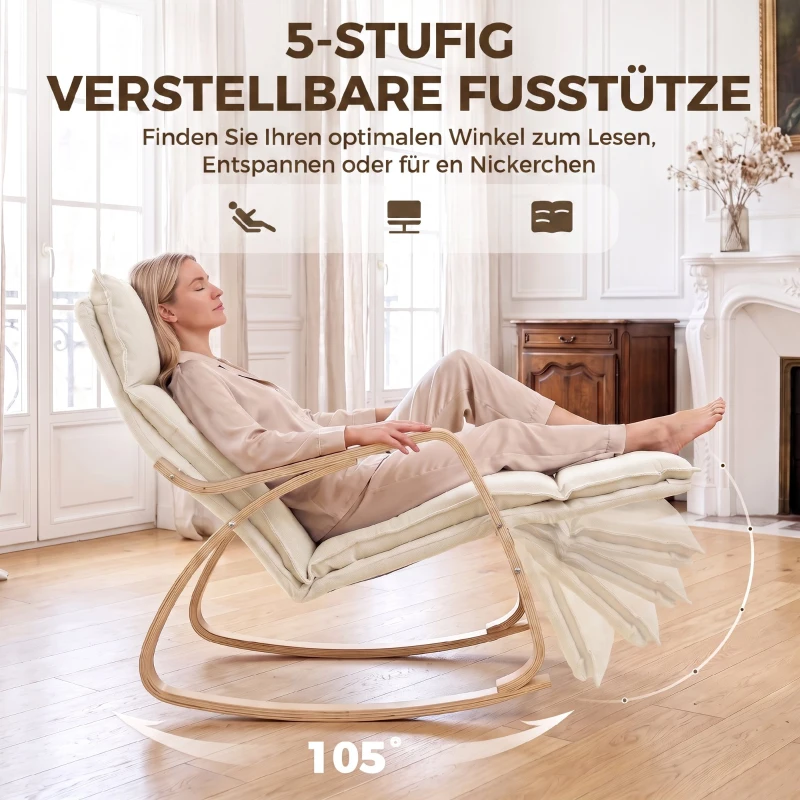 HOMCOM Schaukelstuhl in Leinenoptik mit 5-fach verstellbarer Fußstütze und Leinenoptik, für Wohnzimmer, Cremeweiß