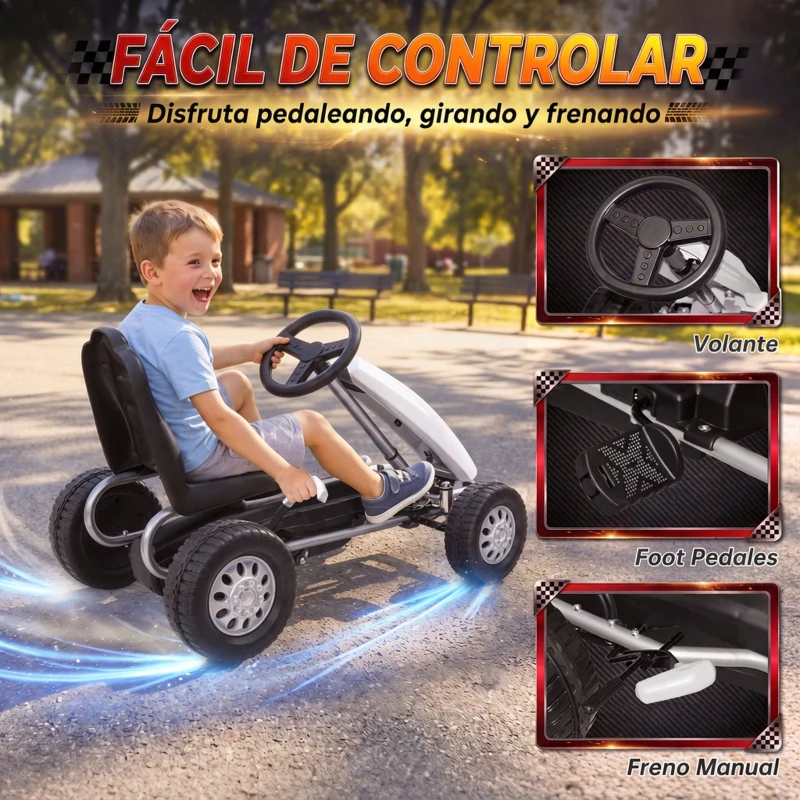 AIYAPLAY Go Kart para Niños de +3 Años con Asiento Ajustable Volante Freno Manual Marco de Aluminio y Acero Carga 30 kg Blanco