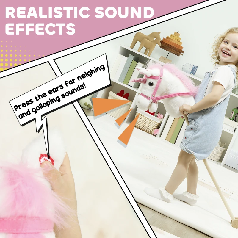 AIYAPLAY Unicorn Stick Horse with Wood Wheels, Real Pony Neighing and Galloping Sounds, Grip Handle, 95 cm, White