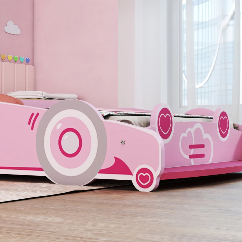 AIYAPLAY Cama Infantil 70x140 cm em Forma de Carro com Barreira de Proteção e Estrado para Crianças de 3-5 Anos Rosa