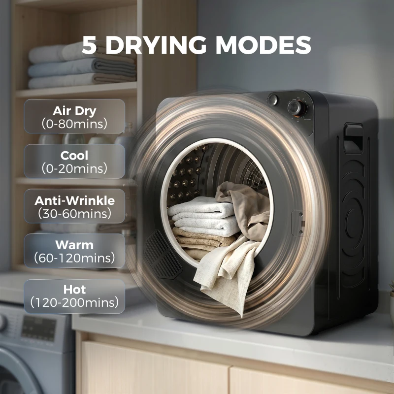 HOMCOM 5kg Vented Tumble Dryer, 1000W Compact Tumble Dryer with 5 Drying Modes, Stainless Steel Tub, Black