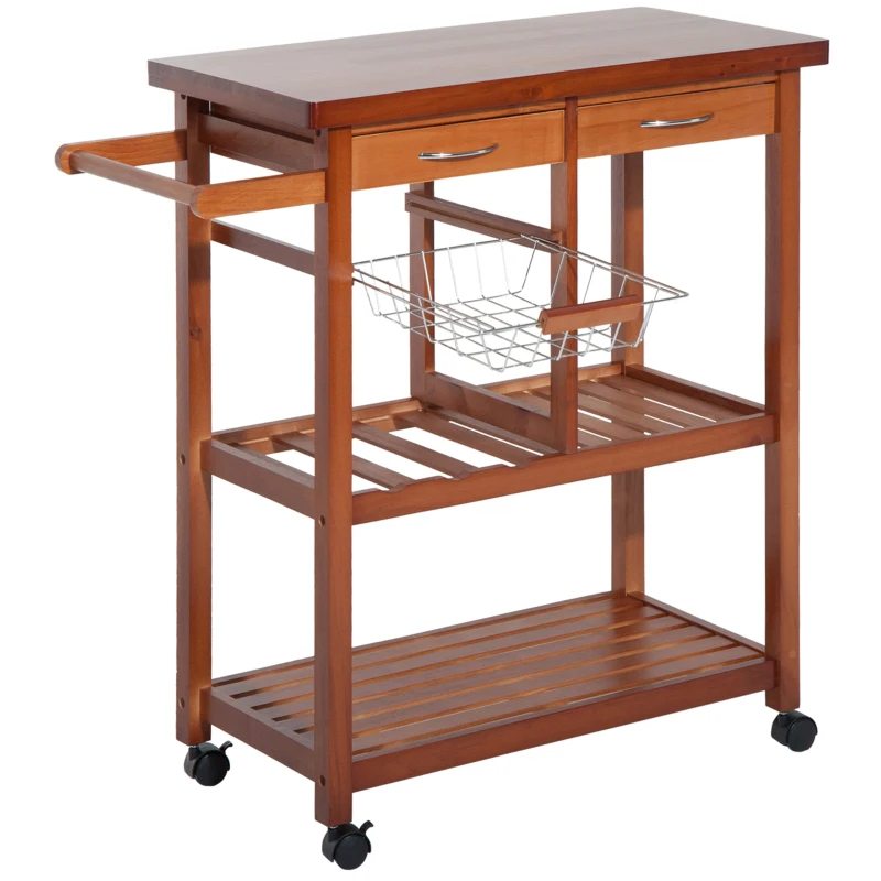 HOMCOM Carrito de Cocina Mesa Servicio Auxiliar Madera y Metal Cromado con 4 Ruedas 2 Cajones y Botellero