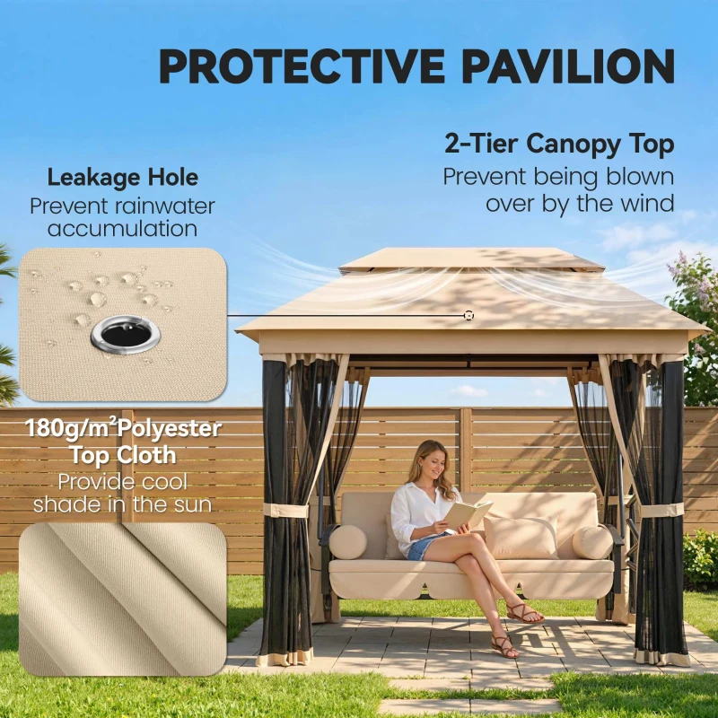 Outsunny 3 Seater Swing Chair 3-in-1 Convertible Garden Swing Seat Bed Gazebo Patio Bench Outdoor with Double Tier Canopy, Cushioned Seat, Mesh Sidewalls, Beige