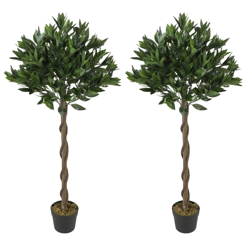 Outsunny Artificial Bay Laurel Topiary Trees with Twisted Trunk, Realistic Lush Topiary Ball Tree with Weighted Pot, Set of 2