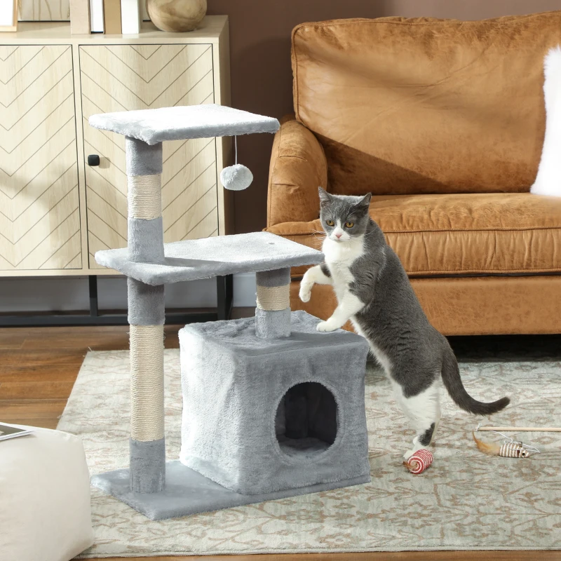 PawHut Arbre à chat tour de jeux pour chats poteaux en sisal, 2 plate-forme, niche, balle, tissu peluche, 50x30x81,5cm, gris