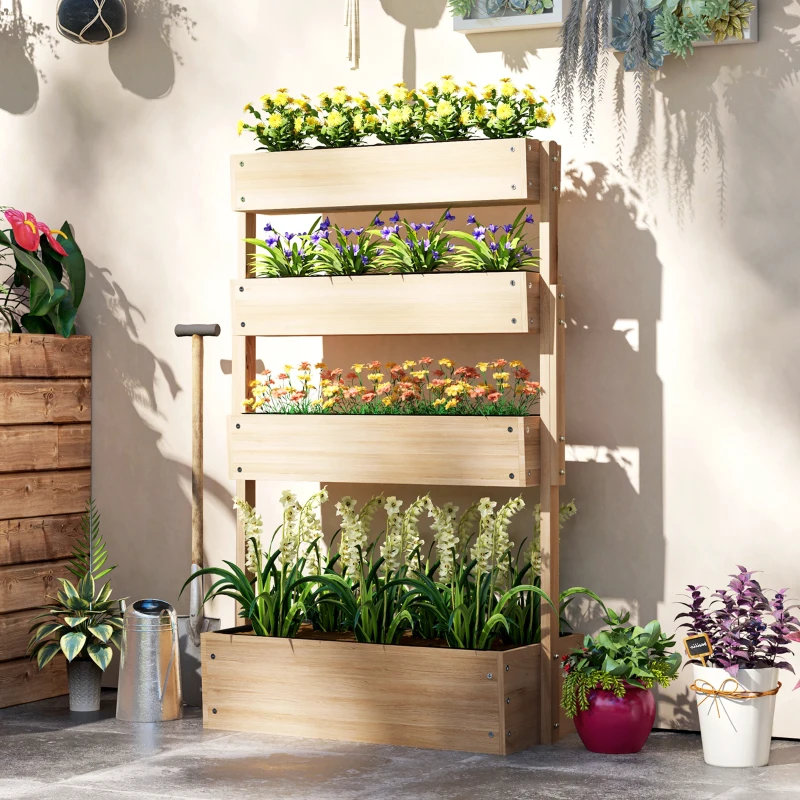 Outsunny Jardinière surélevée en bois avec 4 étages, escalier de fleurs avec doublure, trous de drainage bois naturel