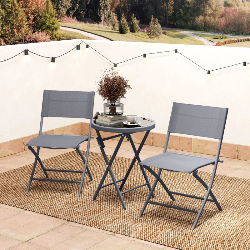 Outsunny Ensemble de bistrot 3 pièces pliable en métal, 2 chaises et 1 table ronde, salon de jardin extérieur 2 personnes, gris