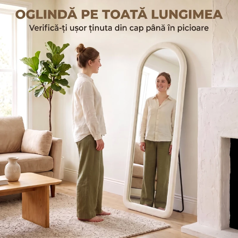 HOMCOM Oglindă  de Podea 160x60 cm, cu Arcadă, Ramă din Flanelă, Alb Crem