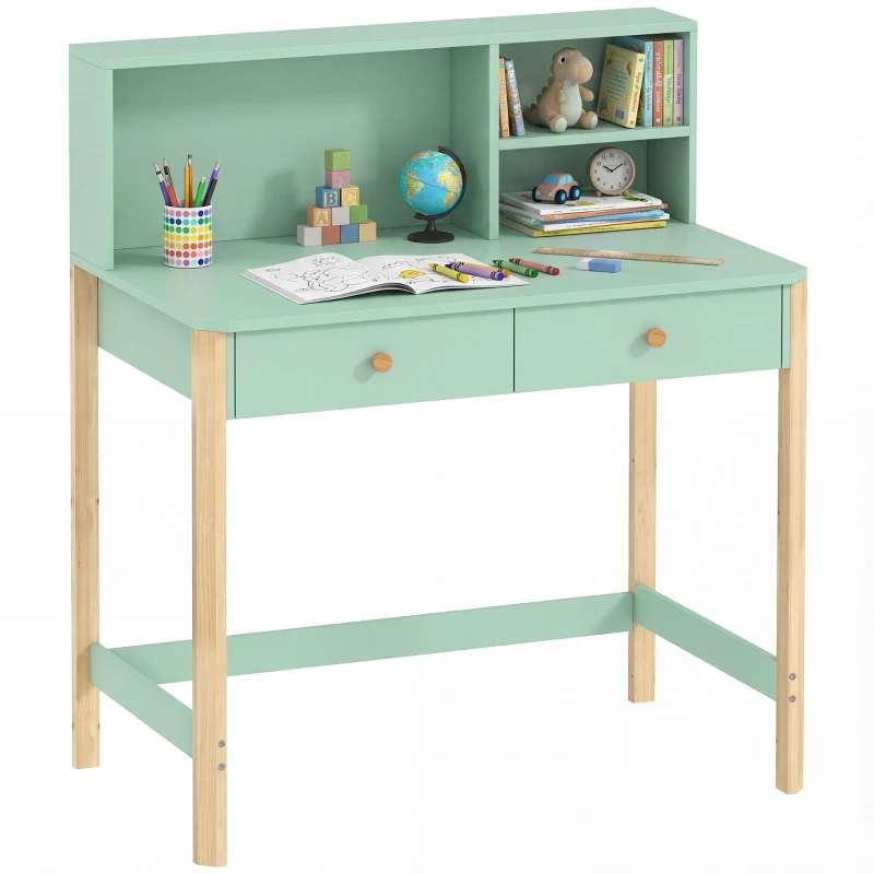 AIYAPLAY Bureau enfant en bois, bureau avec rangement, 2 tiroirs et 3 compartiments ouverts, plateau large, 90x52x105cm, vert