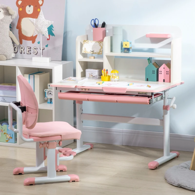 HOMCOM Conjunto de Secretária e Cadeira para Crianças com Altura Ajustável Gaveta Prateleiras e Bancada Inclinável 80x52x88-109 cm Rosa e Branco