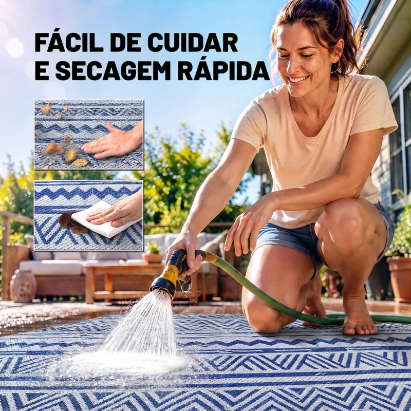 Outsunny Tapete de Exterior 182x274 cm Tapete Reversível Estilo Moderno para Varanda Pátio Campismo Praia Azul Escuro e Branco