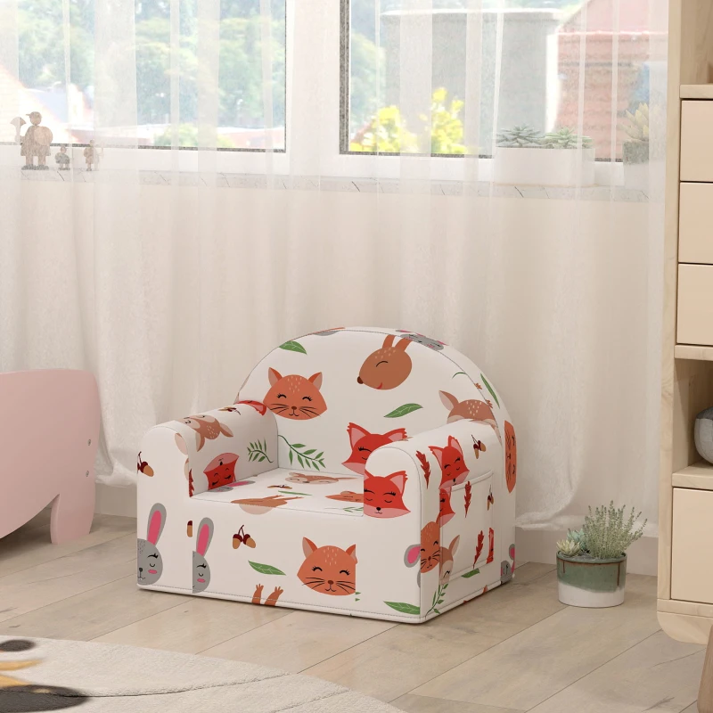 AIYAPLAY Sofá para Crianças com Estampa de Raposas com Capa Removível e Lavável Bolso Lateral Apoio de Braços 54x40x43 cm Branco