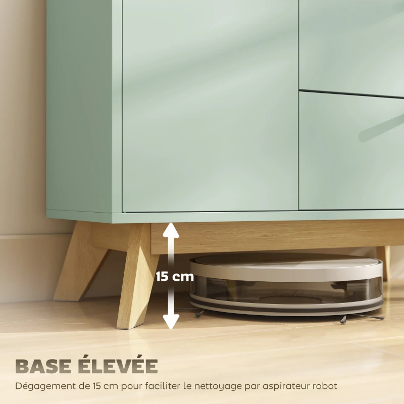 HOMCOM Buffet salon, meuble de rangement avec porte, 2 tiroirs, compartiment ouvert et étagère réglable, vert clair et chêne