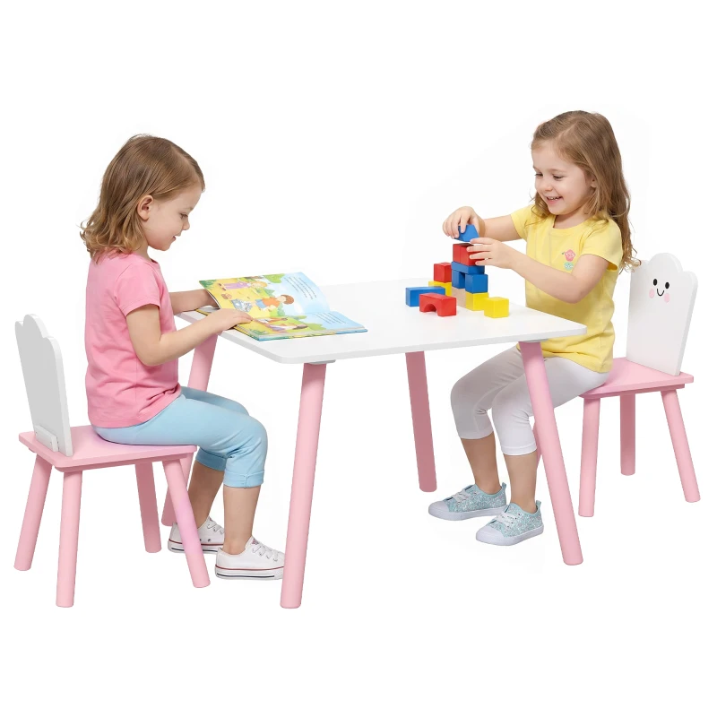 AIYAPLAY Table enfant avec chaise, ensemble table et 2 chaises en bois pour dessiner, jouer, étudier, rose