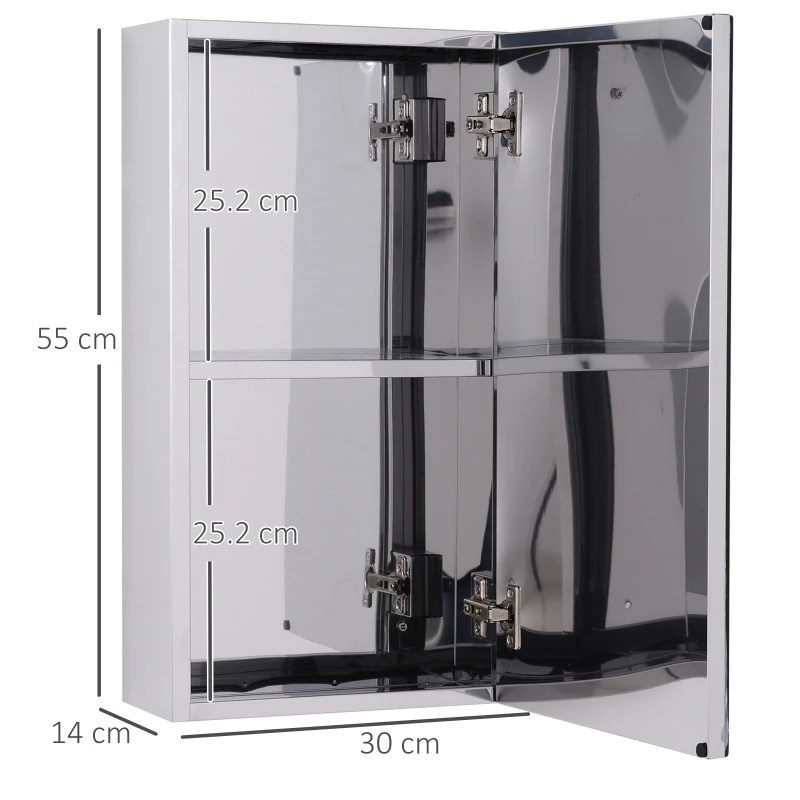 HOMCOM Bathroom Mirror Cabinet, Stainless Steel Wall Mounted Bathroom Cabinet with Mirror for Small Cloakroom Compact Space, 30 x 14 x 55 cm