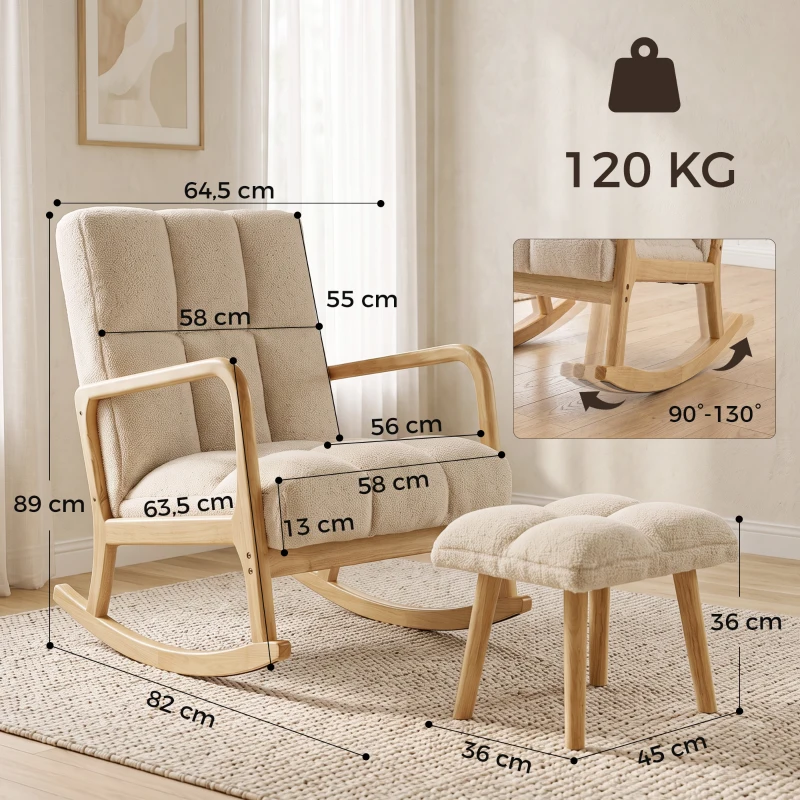 HOMCOM Fotoliu balansoar cu ottoman, rocking chair din țesătură bouclette, picioare din lemn, 64,5 x 82 x 89 cm, Bej