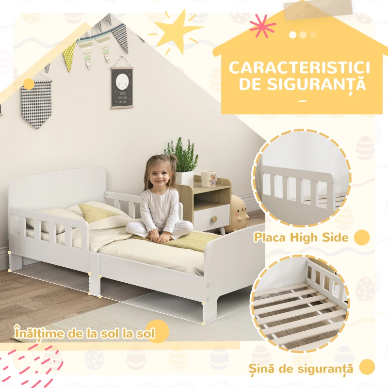 AIYAPLAY Pat pentru Copii 3-8 Ani Jos cu Bare Laterale și Margini Rotunjite, din Lemn, 143,5x74,2x54 cm, Alb