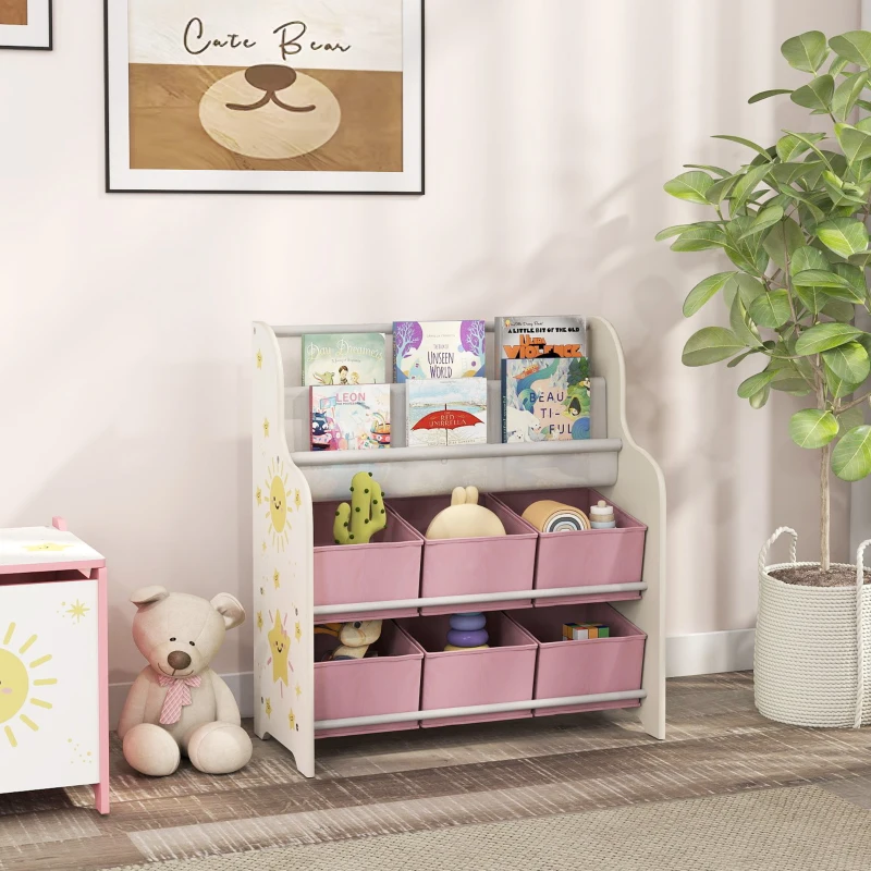 AIYAPLAY Estantería Infantil para Juguetes con 6 Cajas Extraíbles de Tela no Tejida y 2 Estantes para Guardería 63x30x71 cm Rosa