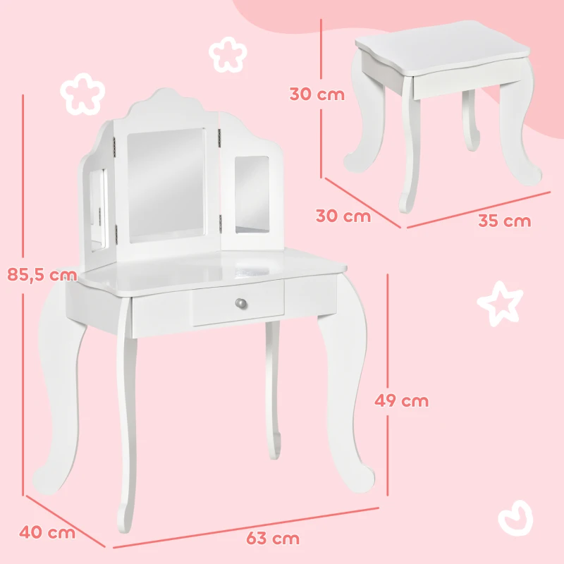 HOMCOM Tavolo da Trucco per Bambini con Sgabello e Triplo Specchio, in Legno e Acrilico, 63x40x85.5 cm, Bianco