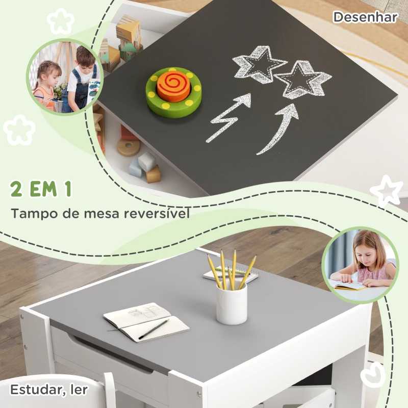 HOMCOM Conjunto de Mesa e 2 Cadeiras Infantis 2 em 1 com Ardósia Gavetas de Tecido e Espaço de Armazenamento para Quarto Cinza