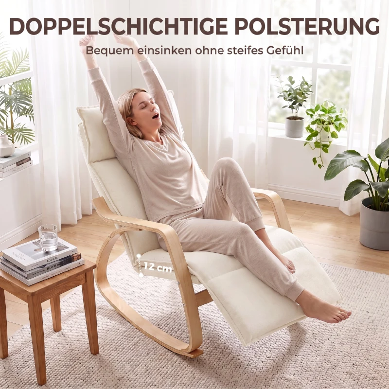 HOMCOM Schaukelstuhl in Leinenoptik mit 5-fach verstellbarer Fußstütze und Leinenoptik, für Wohnzimmer, Cremeweiß