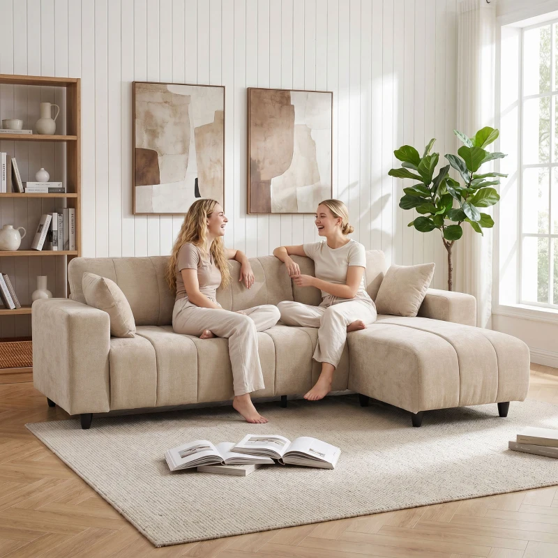 HOMCOM L-förmiges Ecksofa mit flexibler Chaiselongue, 3-Sitzer-Couch mit 2 Kissen, Metallrahmen, für Wohnzimmer, Beige