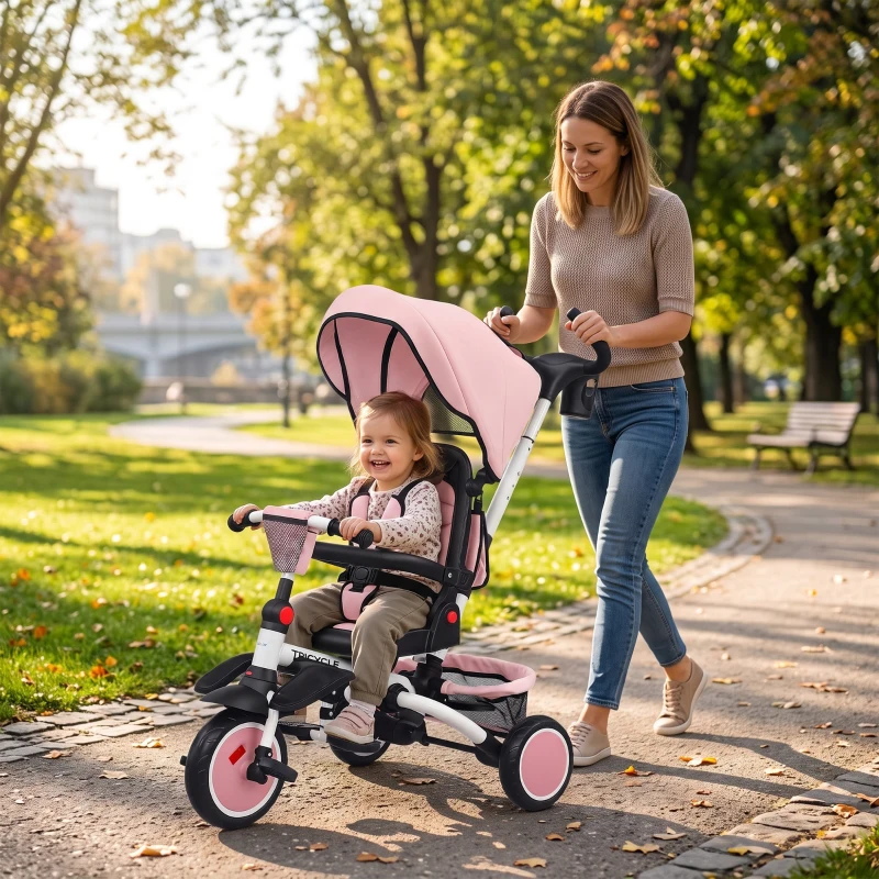 AIYAPLAY Triciclo Evolutivo 6 em 1 Dobrável Assento Giratório 360° Barra Parental Encosto Reclinável Toldo Rosa