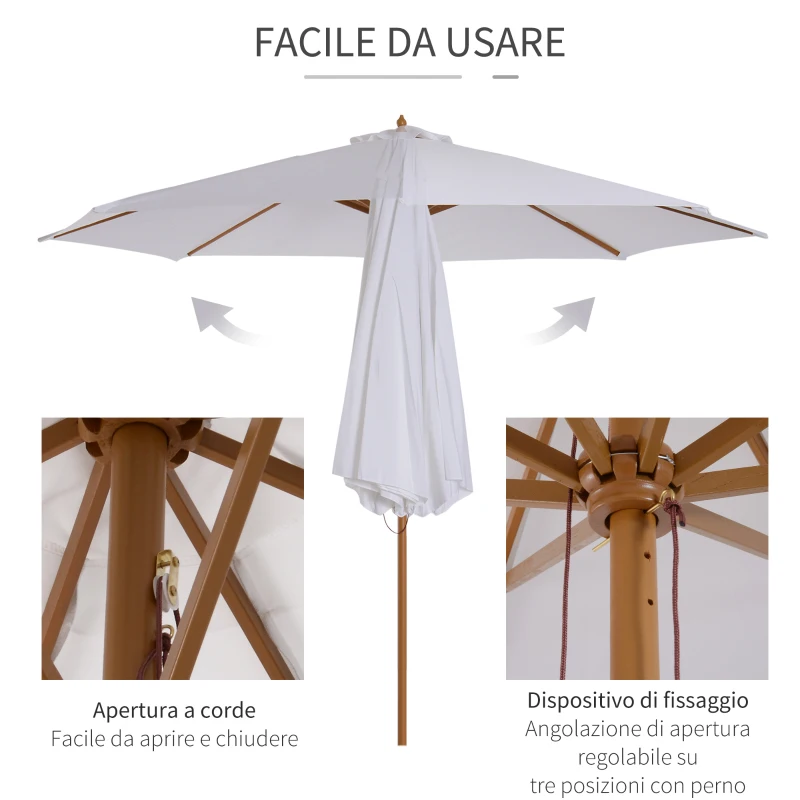 Outsunny Ombrellone da Giardino 3x2.5 m con Palo in Legno a 8 Stecche, in Bambù, Legno e Poliestere, Bianco