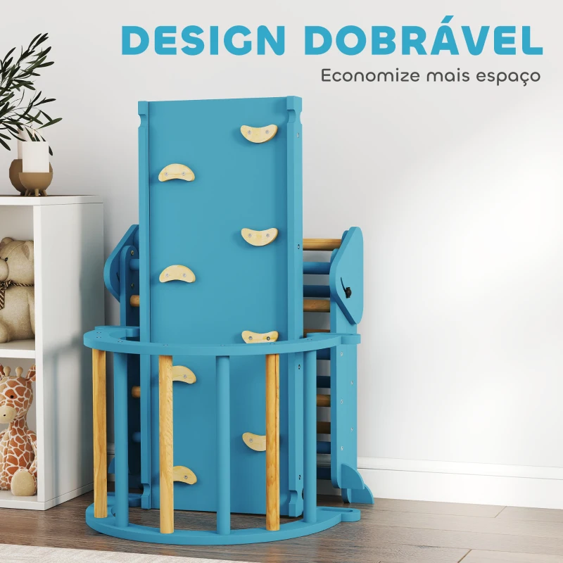 AIYAPLAY Triângulo de Escalada 7 em 1 com Arco e Rampa Escalada para Crianças de Madeira Dobrável para 18-48 Meses 188x70 cm Azul