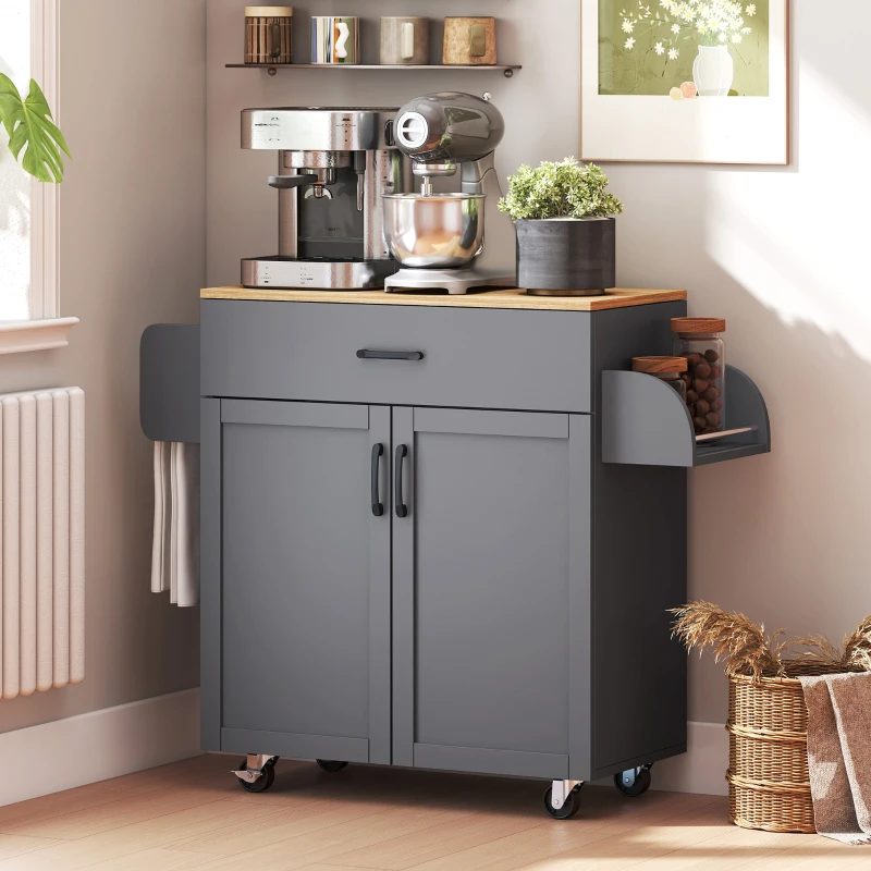 HOMCOM Isla de Cocina con Ruedas con Cajón Armario con Puertas Toallero y Especiero 105x36x85 cm Gris