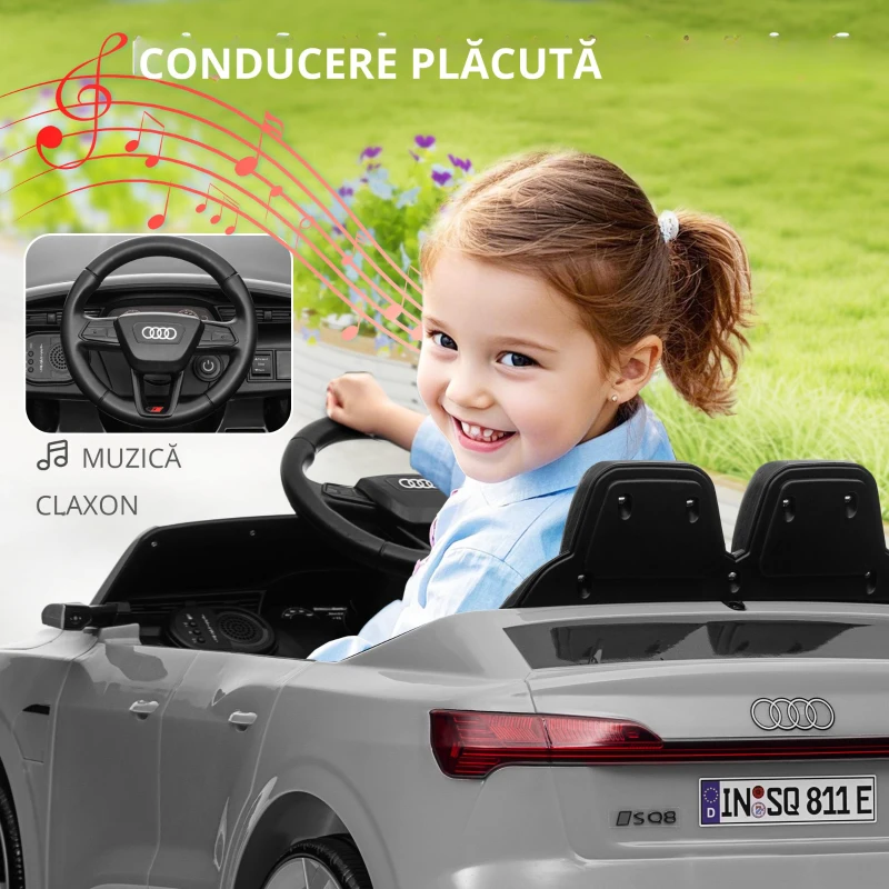 AIYAPLAY Mașină electrică pentru copii sub licență Audi Q8 e-tron Sportback 12V, telecomandă, faruri, muzică, claxon, 3-4 ani, Gri