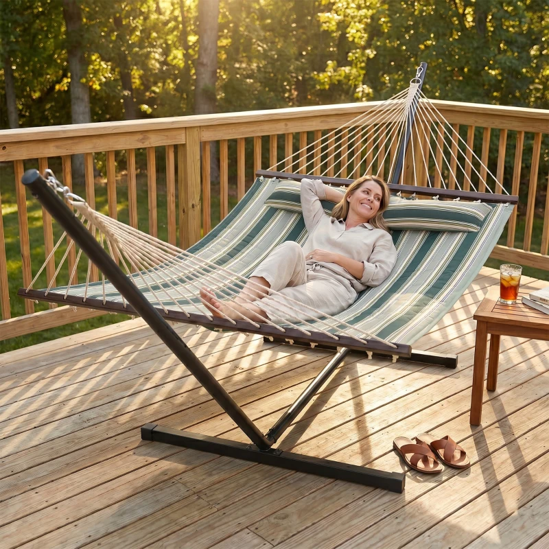 Outsunny Hamac sur pied 353 cm, hamac avec support acier avec coussin amovible et barres d'écartement, vert